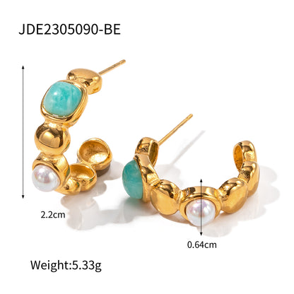 18K Gold C-Shaped Gemstone Drop Earrings