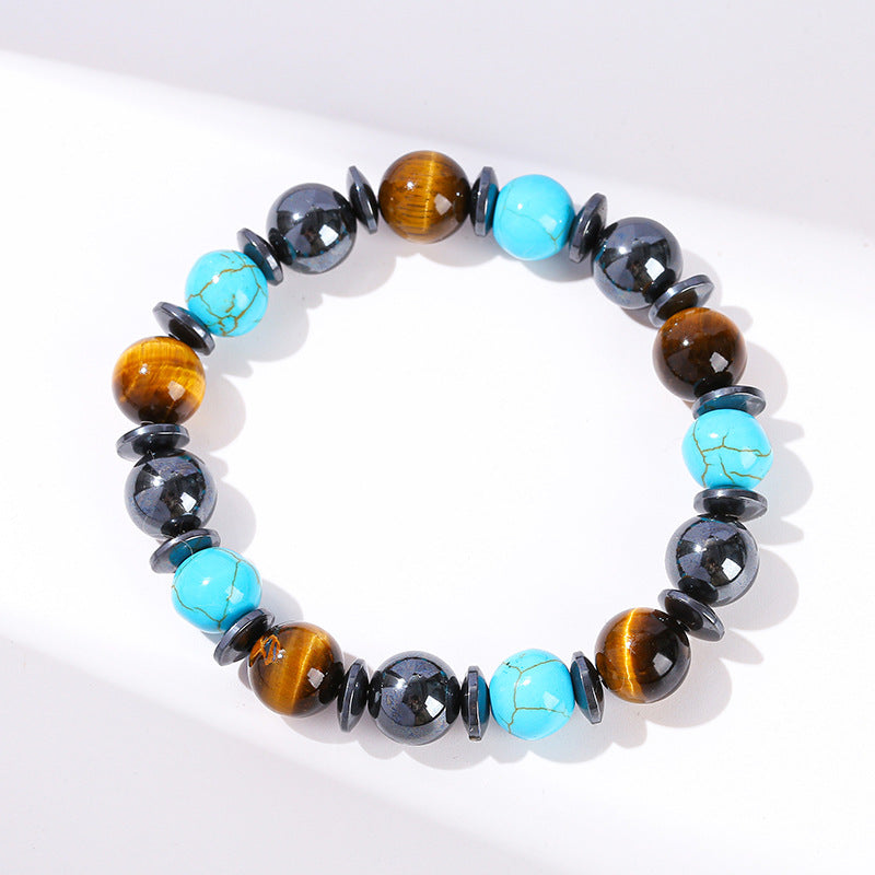 Natural yellow tiger's eye stone, black gallstone and blue pine mixed bracelet.