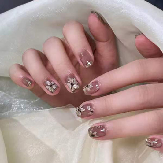 Camellia Flower Autumn Winter Short Round Nails