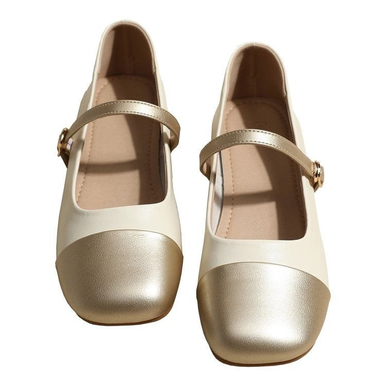 Gold single shoes thick heel leather shoes