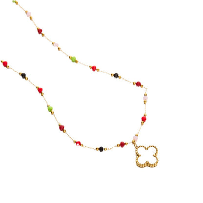 Colored natural stone four-leaf clover necklace