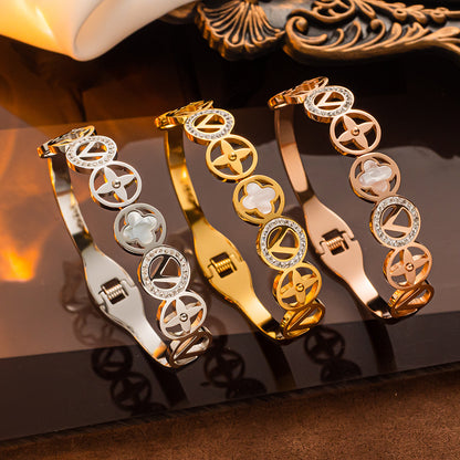 Hollow Clover V-shaped Diamond Bracelet, Fashionable Stainless Steel