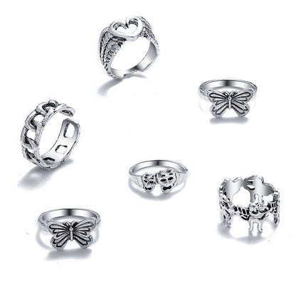 Heart and butterfly antique silver ring set six pieces