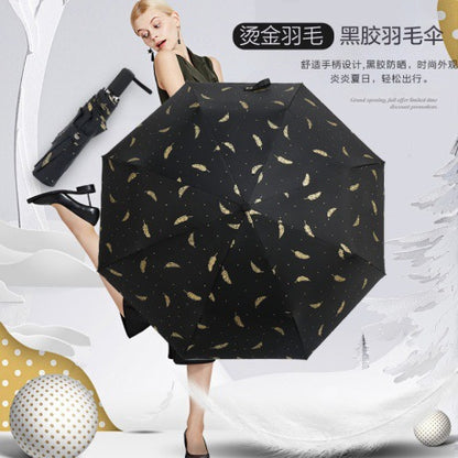 Black Coating Bear Plaid Daisy Feather Folding Umbrella