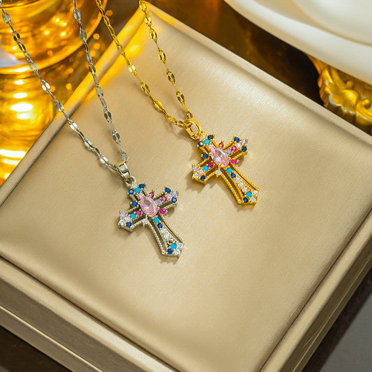 Vintage Colorful Zirconia Cross Pendant Necklace Wholesale