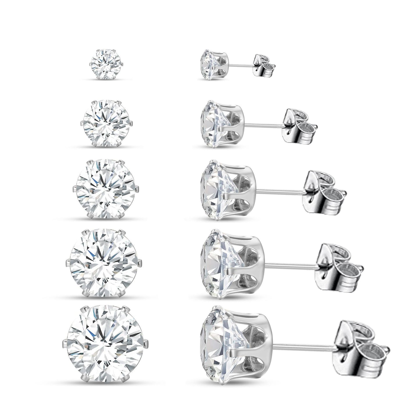 Set of 5 pairs of four-claw rhinestone earrings