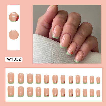 Grass Green French Strawberry Fake Nails