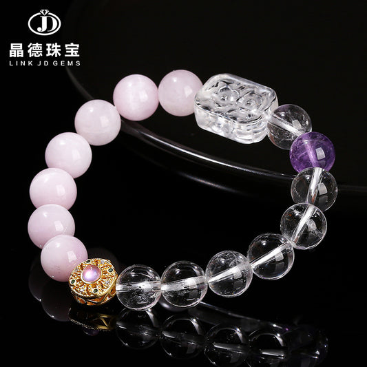 7A Natural White Crystal Purple Lithium Round Bead Bracelet