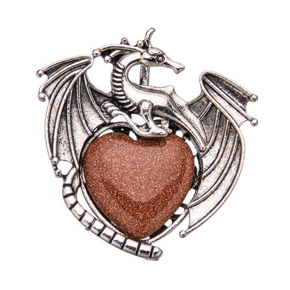 Vintage flying dragon pterosaur heart shaped crystal pendant