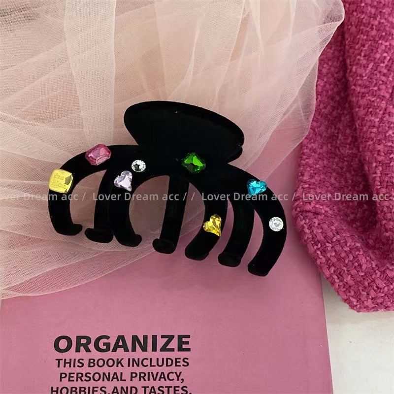 Korean New Colorful Heart Rhinestone Black Velvet Hair Clip