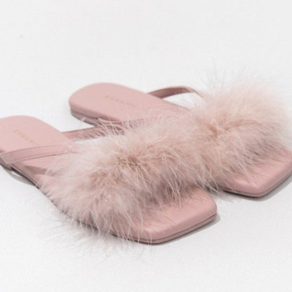 Real rabbit fur flat-bottomed slippers