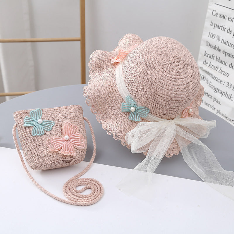 Sun Hat Summer Girls' Sun Protection Straw Bag Set Baby Stylish Lace Princess