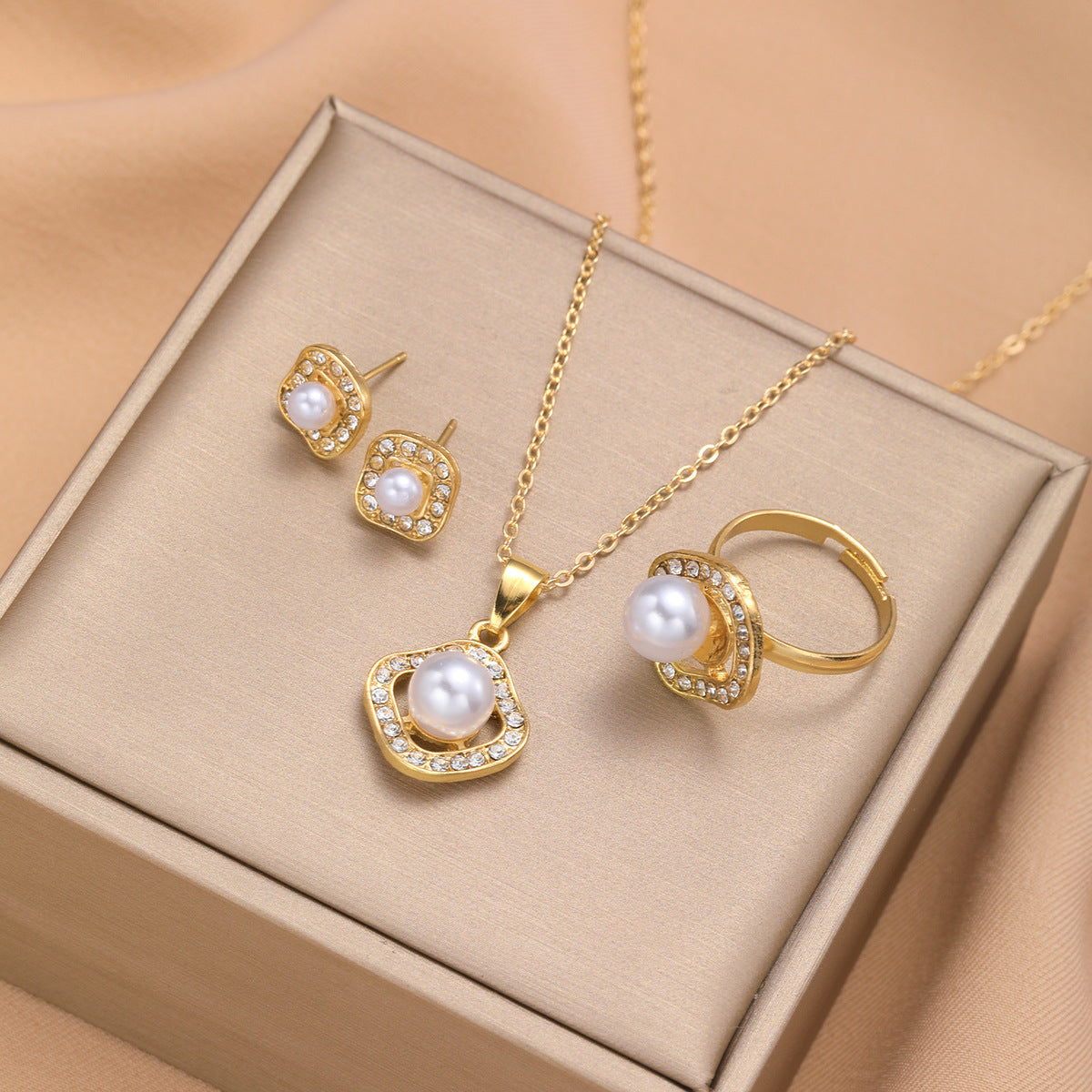 Diamond Square Pearl Earrings, Ring and Necklace Set