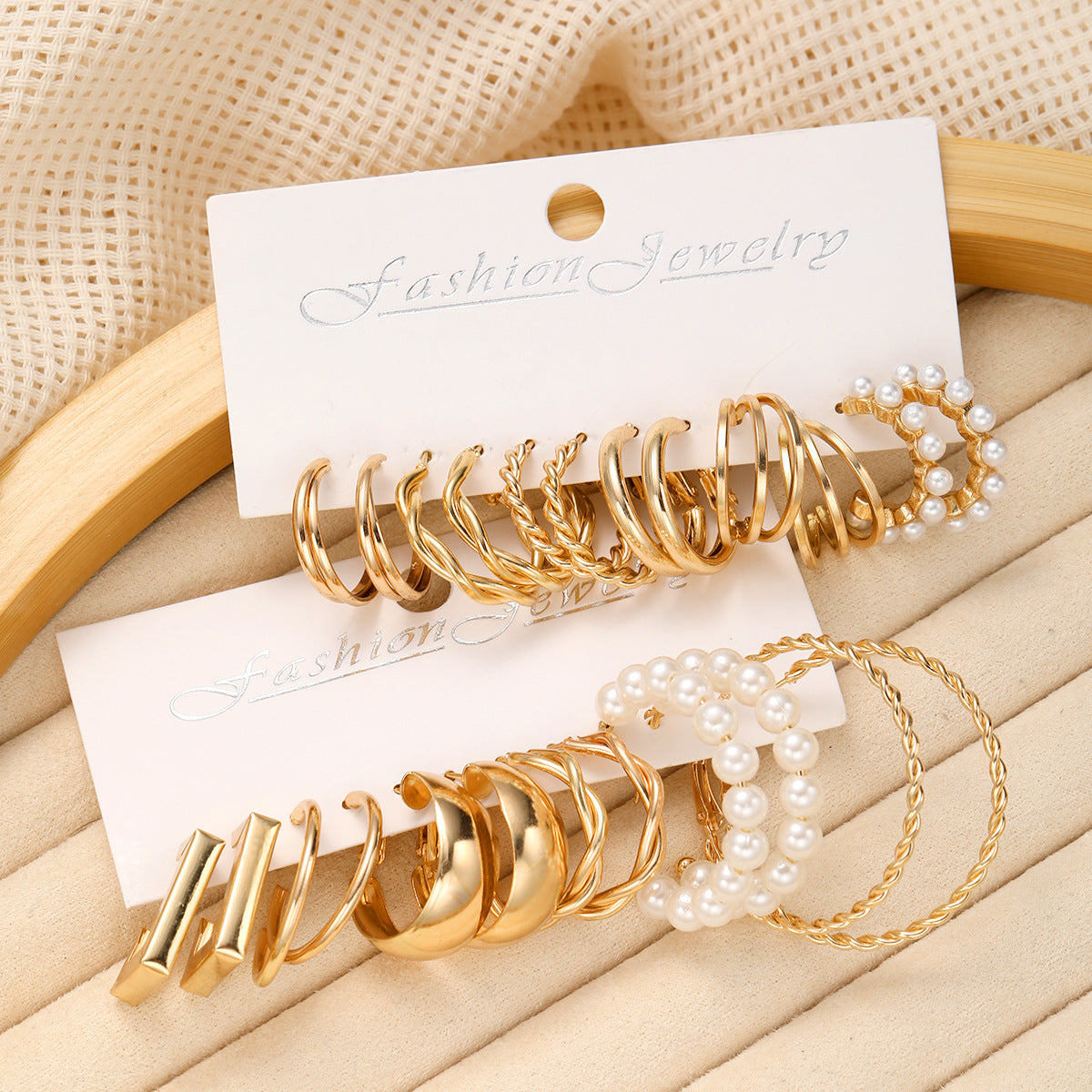 C-shaped geometric pearl alloy earrings 12-piece set