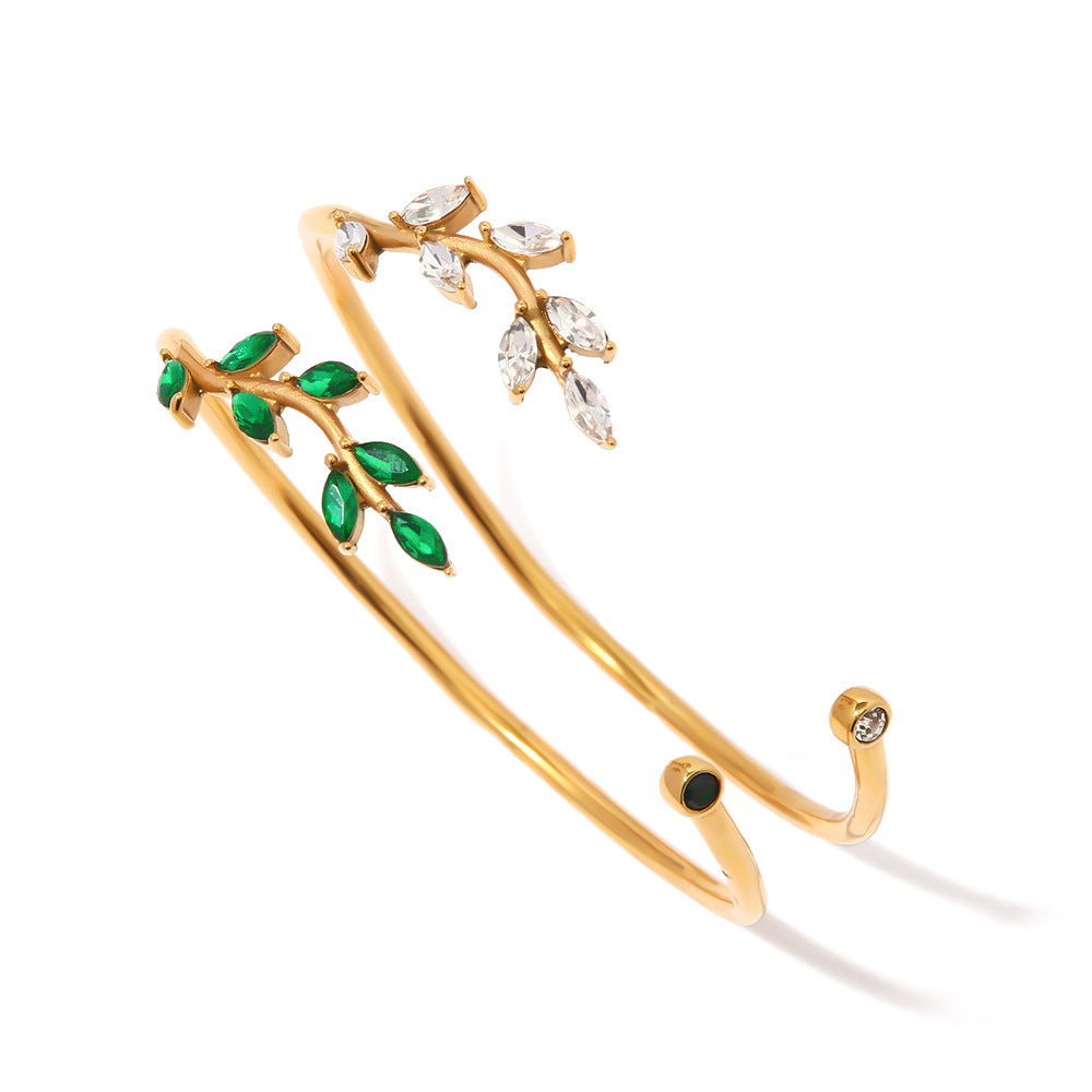 Green Zirconia Leaf Open Bracelet