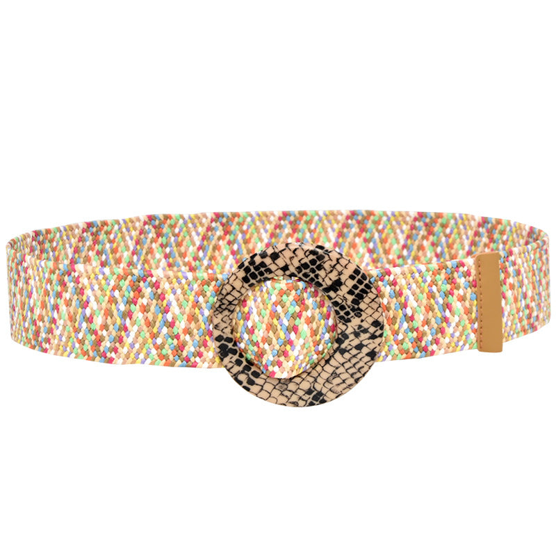 Wooden buckle grass woven wide women's belt