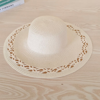 Versatile Summer Wide Brim Round Top Floral Straw Beach UV Sun Hat