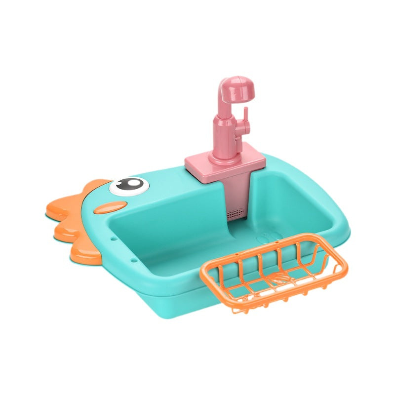 Children's Electric Dinosaur Dishwashing Sink Toy with Circulating Water Fishing Dishwasher 2-in-1 Kitchen Pretend Play Toy