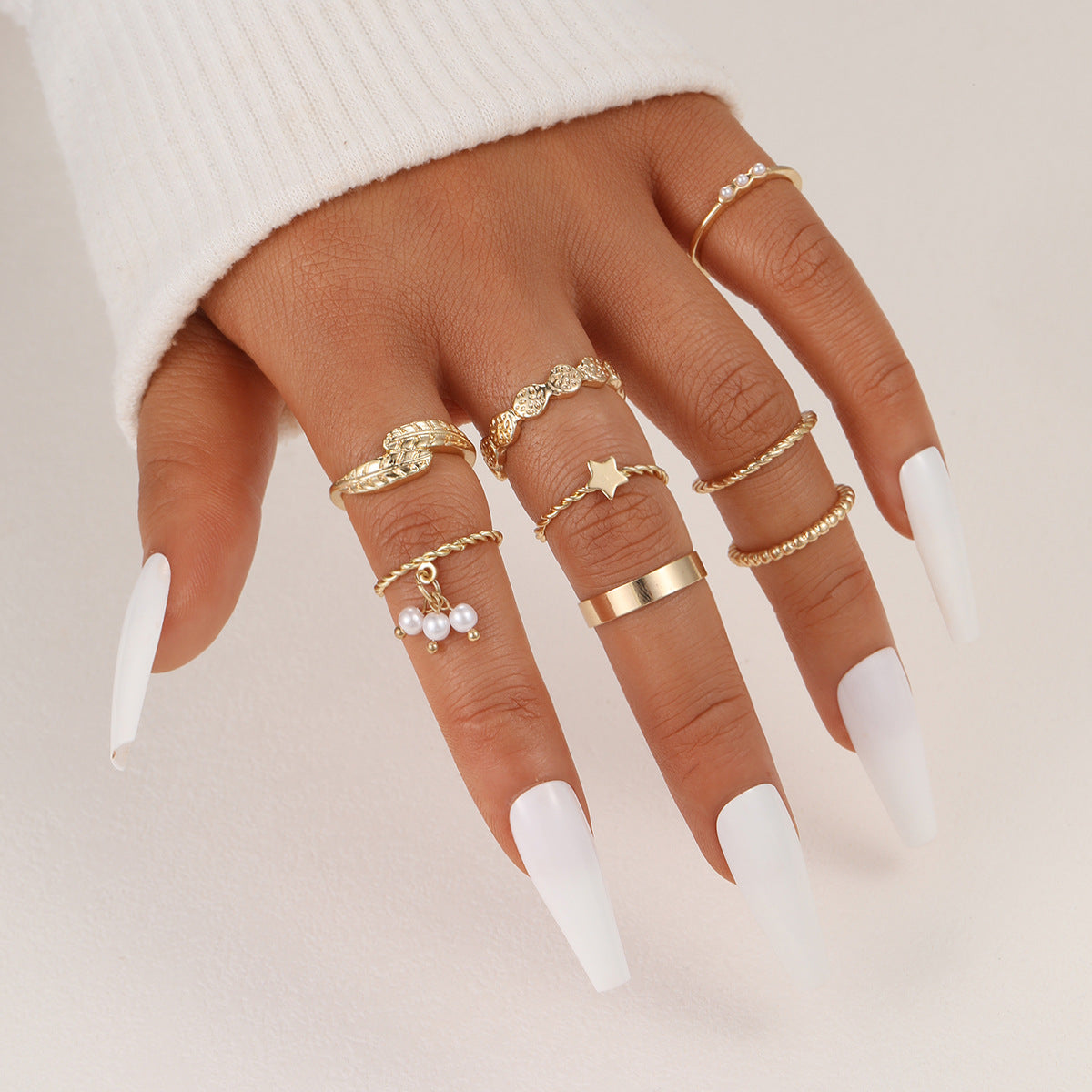 Five-pointed star leaf pearl gold ring 8-piece set