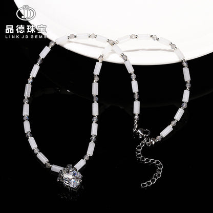 White jade round tube bead necklace zircon love pendant