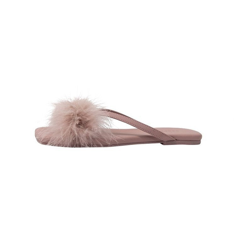 Real rabbit fur flat-bottomed slippers