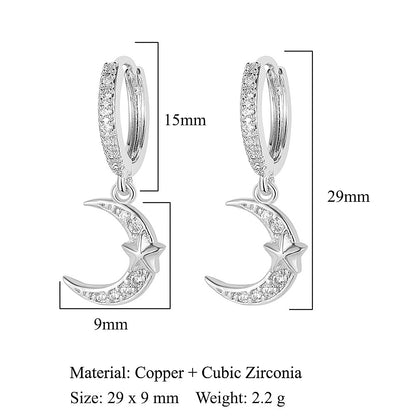 Pendientes de mujer con forma de estrella en forma de media luna y circonitas de cobre 