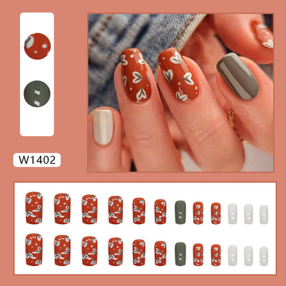 Vintage Brick Red Cream Floral Fake Nails