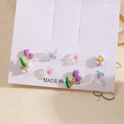 Colorful butterfly and flower earrings set 8 pieces