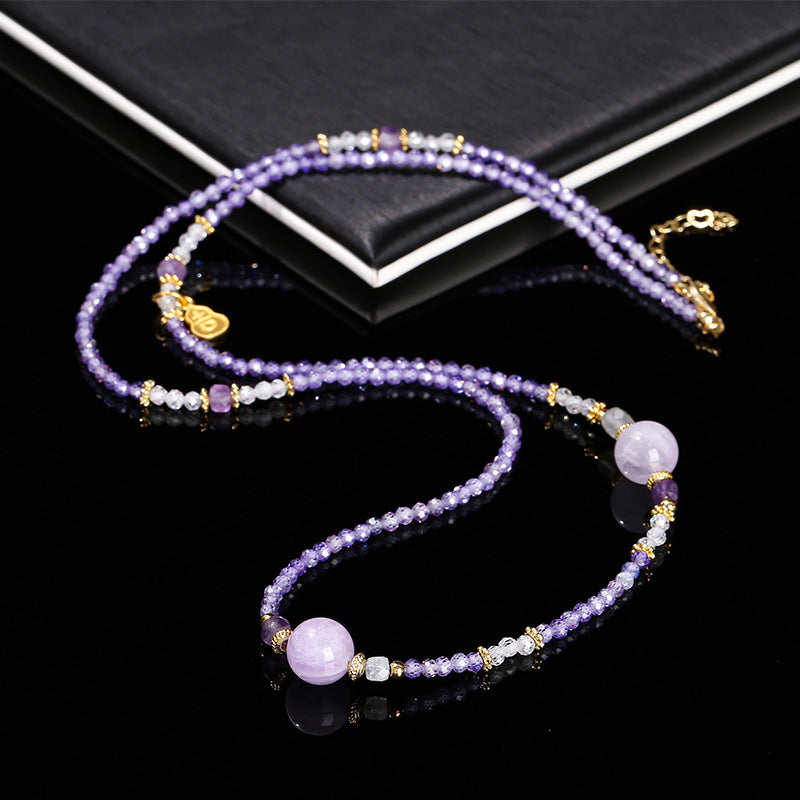 Natural purple jade cut zircon round beads necklace