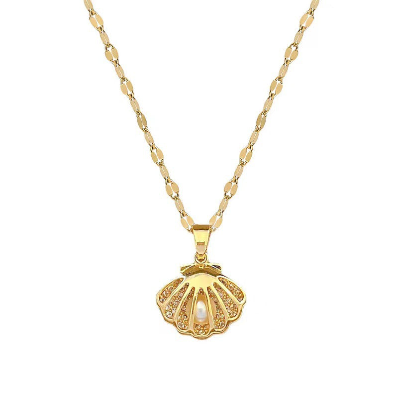 Luxury Micro-inlaid Zircon Shell Pearl Necklace, Copper Electroplated Gold Pendant, Ins Style