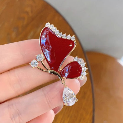 Red Sparkling Diamond Butterfly Brooch