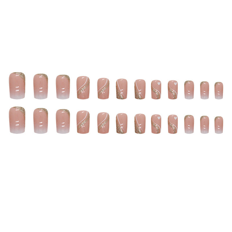 Medium-Length Gradient Glitter Heart Fake Nails