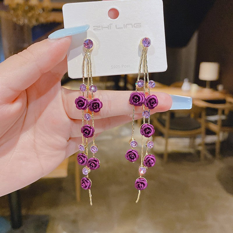 Purple burgundy rose flower earrings