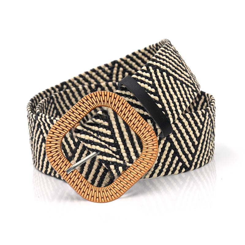 Woven belt Wood-colored square buckle belt