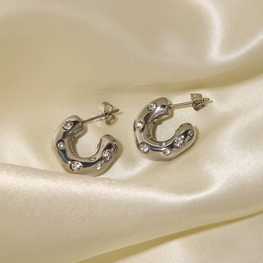 Hammered Zirconia C-Shaped Steel Hoop Earrings