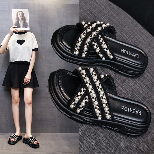 Cross pearl platform slippers