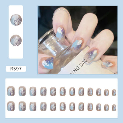 Blue White Glitter Nails