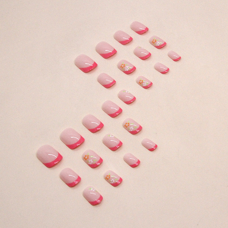 Sweet Pink French Floral Fake Nails