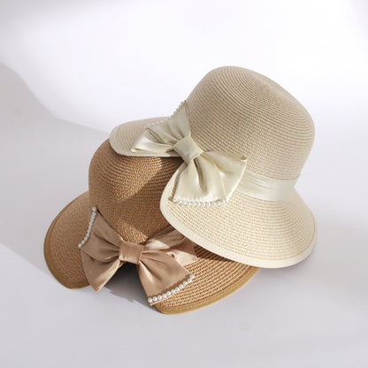 Bow Sun Hat Women Fashion Straw Korean Pearl Wide Brim UV Fisherman