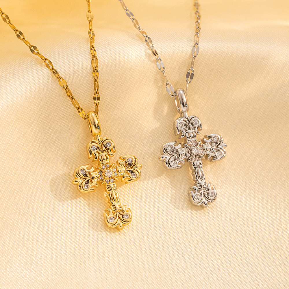 Hot-selling zircon inlaid cross necklace, titanium steel