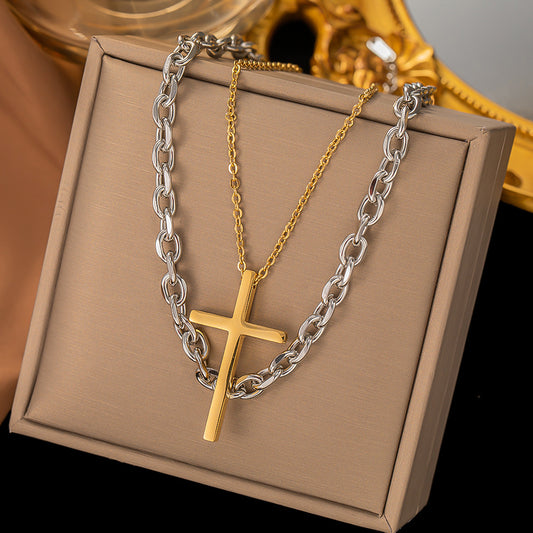 Cross pendant stacked with titanium steel necklace