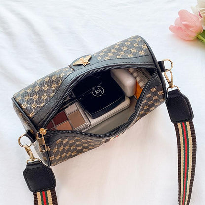 Printed Contrast Bee Ribbon Cylinder Shoulder Bag