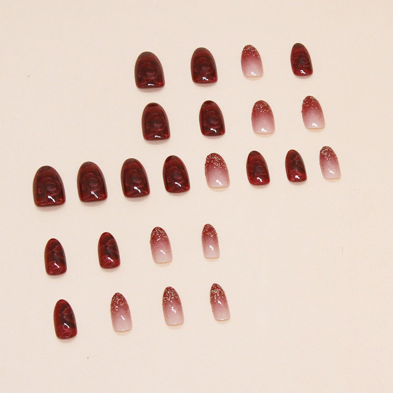 Red Floral Almond Shape Glitter Fake Nails