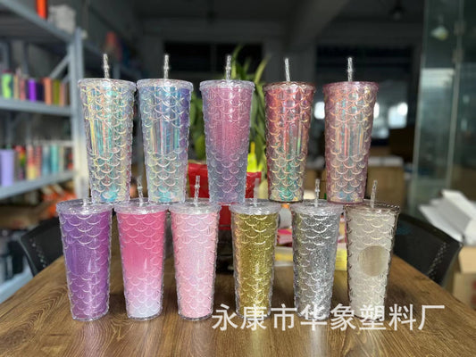 Fish scale cup double straw cup 700ml