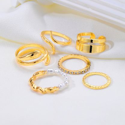 Gold Diamond Pearl Ring Set 6 Pieces