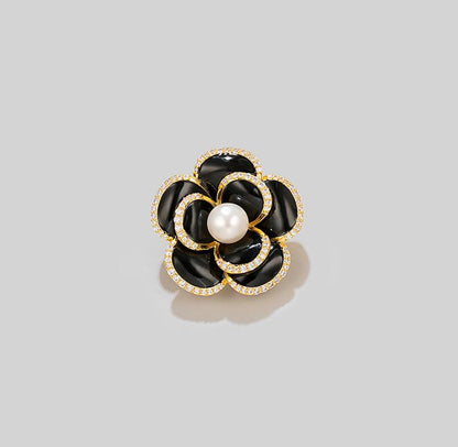 Black Pearl Camellia Brooch