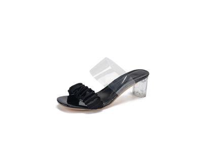 Sheer block heel, straight square-toe crepe slippers