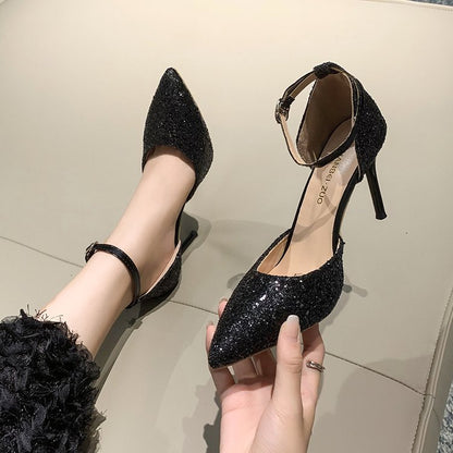 Rhinestone pointed silver high heels women