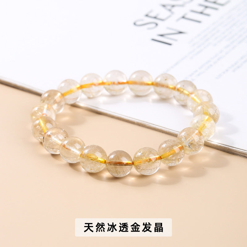 Pulsera de cuentas redondas de cristal de titanio, joyería de cristal de cabello amarillo. 