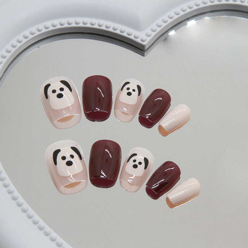 Cute Dog Autumn Winter Wine Red Short Tapered Nails